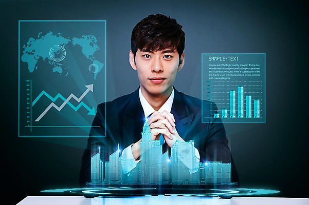 JPG 편집 편집이미지 남자 그래프 한명 빌딩 성인 컴퓨터그래픽 그래픽 한국인 도시 디지털합성 합성 홀로그램 증강현실 편집실사 1 사람 동양인 건물 CG 파일형식