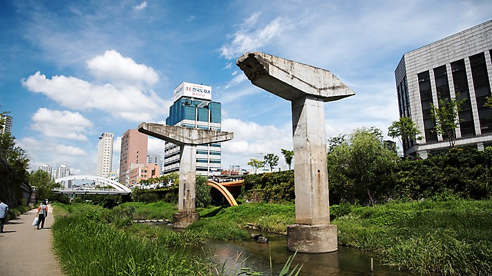 포토 JPG 주간 여유 휴식 서울 풍경 빌딩 사람없음 야외 도시풍경 산책 도시 풀잎 도심 청계천 청계교 21개교 국내포토 자연요소 감정 컨셉 잎 한국 건물 강 다리_건축물 풀_식물 랜드마크 파일형식