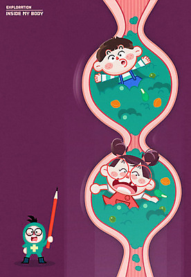 여자 남자 어린이 음식 신체 일러스트 인체모형 세명 연필 식도 국내일러스트 AI파일 학용품 사람 필기구 모형 장기_의학 파일형식 벡터