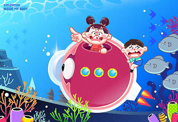 여자 남자 어린이 신체 일러스트 인체모형 어류 두명 바닷속 산호초 잠수함 안구 국내일러스트 AI파일 사람 신체부위 모형 수중 수중동물 수중식물 파일형식 벡터