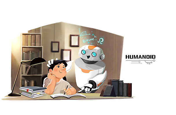 PSD 교육 남자 어린이 일러스트 책장 실내 한명 책 연필 스탠드 로봇 책상 홀로그램 휴머노이드 4차산업 AI_인공지능 국내일러스트 1 산업 가구 학용품 조명 사람 내부 필기구 파일형식