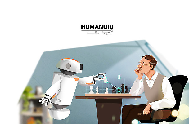 PSD 남자 의자 일러스트 실내 한명 성인 턱괴기 체스말 체스 로봇 체스판 체스게임 홀로그램 휴머노이드 4차산업 AI_인공지능 국내일러스트 1 산업 가구 모션 놀이 사람 내부 게임 말_게임 파일형식