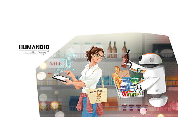 PSD 여자 일러스트 실내 한명 성인 장보기 태블릿 쇼핑카 로봇 식료품백 식료품점 홀로그램 휴머노이드 4차산업 AI_인공지능 국내일러스트 1 산업 사람 내부 전자제품 스마트기기 쇼핑 상점 카트 파일형식