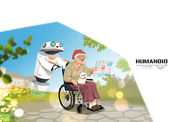 주간 PSD 여자 노년 지도 일러스트 한명 성인 야외 산책 강아지 로봇 휠체어 요양 노인요양 홀로그램 휴머노이드 4차산업 돌봄서비스 돌보미 AI_인공지능 국내일러스트 자연요소 직업 1 산업 휴식 사람 반려동물 개 간호 서비스 파일형식