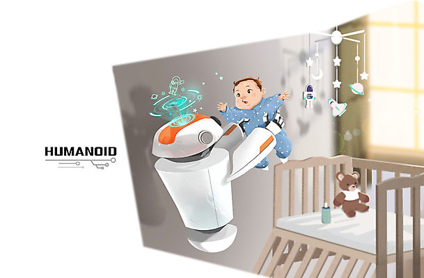 PSD 남자 일러스트 실내 한명 곰인형 육아 아기 젖병 로봇 모빌 아기침대 홀로그램 휴머노이드 4차산업 AI_인공지능 국내일러스트 1 산업 인형 사람 내부 아기용품 침대 파일형식