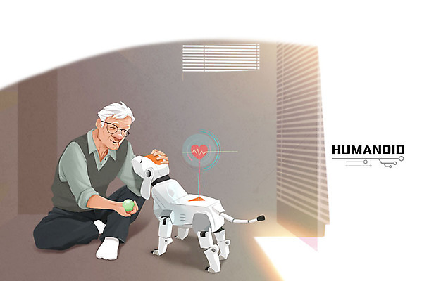 PSD 노년 남자 반려견 일러스트 공 실내 한명 성인 강아지 로봇 반려 홀로그램 휴머노이드 4차산업 AI_인공지능 국내일러스트 1 산업 사람 내부 반려동물 개 파일형식