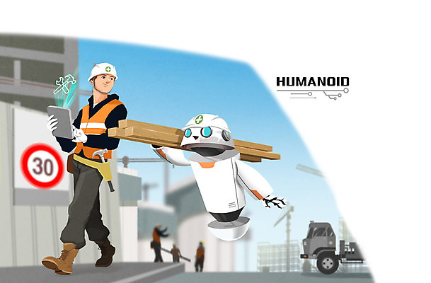 주간 PSD 남자 일러스트 노동자 한명 성인 야외 목재 태블릿 건설현장 망치 안전모 로봇 홀로그램 휴머노이드 4차산업 AI_인공지능 국내일러스트 자연요소 나무 직업 1 산업 재료 건설업 사람 전자제품 스마트기기 공구 헬멧 안전장비 파일형식