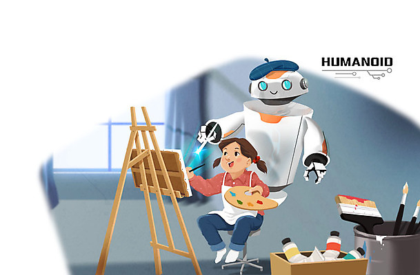 PSD 여자 어린이 일러스트 실내 한명 물감 붓 그리기 팔레트 로봇 이젤 페인트붓 미술교육 홀로그램 휴머노이드 4차산업 AI_인공지능 국내일러스트 1 교육 산업 모션 미술 사람 내부 미술도구 파일형식