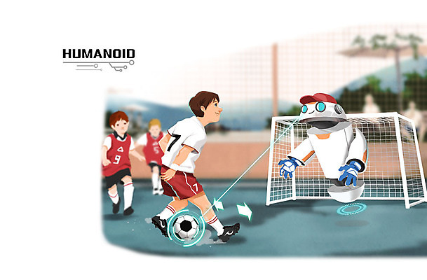 PSD 남자 어린이 일러스트 축구공 세명 축구 축구장 골대 로봇 축구복 축구경기 골키퍼 홀로그램 휴머노이드 4차산업 AI_인공지능 국내일러스트 산업 공 축구용품 스포츠시설 운동선수 사람 경기 운동복 구기 파일형식