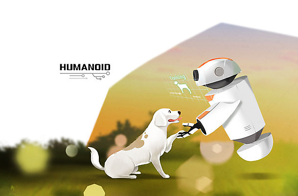 PSD 반려견 일러스트 사람없음 강아지 로봇 소통 교감 홀로그램 휴머노이드 4차산업 AI_인공지능 국내일러스트 산업 컨셉 반려동물 개 파일형식