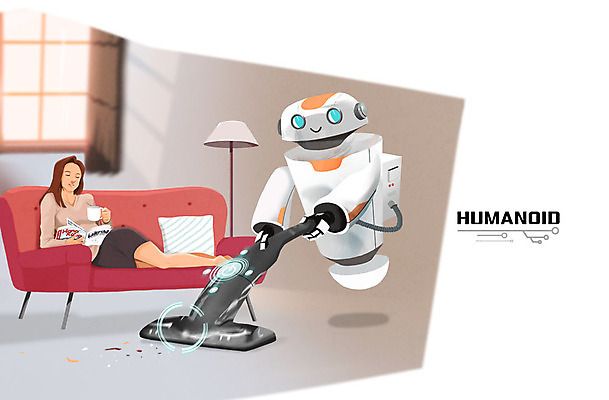 PSD 여자 쿠션 일러스트 실내 한명 성인 소파 스탠드 잡지 커피잔 청소 로봇 청소기 청소로봇 홀로그램 휴머노이드 4차산업 AI_인공지능 국내일러스트 1 산업 커피 의자 조명 잔 사람 내부 간행물 전자제품 청소도구 파일형식