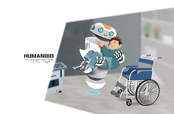 PSD 남자 어린이 일러스트 안기 실내 한명 도움 장애인 로봇 휠체어 홀로그램 휴머노이드 4차산업 AI_인공지능 국내일러스트 1 산업 컨셉 모션 사람 내부 장애 파일형식