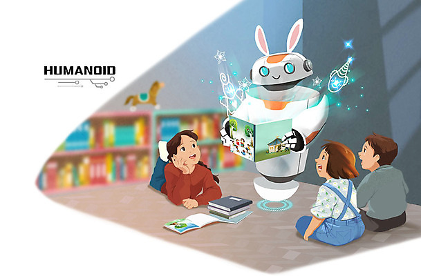PSD 여자 남자 어린이 일러스트 실내 책 세명 독서 로봇 토끼머리띠 홀로그램 휴머노이드 4차산업 AI_인공지능 국내일러스트 산업 사람 내부 머리띠 파일형식