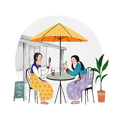 PSD 한국문화 전통 여자 화분 음료 의자 일러스트 탁자 한옥 성인 두명 카페 거울 파라솔 한복 전통체험 카페테라스 국내일러스트 동양문화 한국전통 가구 고건축 한국 사람 상점 체험 전통의상 파일형식