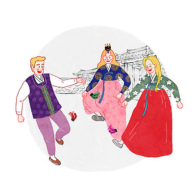 PSD 외국인 한국문화 전통 여자 남자 일러스트 한옥 성인 세명 한복 전통체험 제기차기 국내일러스트 동양문화 한국전통 고건축 한국 사람 인종 전통놀이 체험 전통의상 파일형식