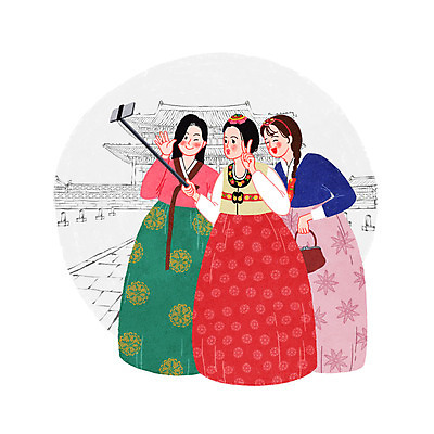 PSD 한국문화 전통 여자 일러스트 한옥 성인 세명 한복 셀프카메라 브이 전통체험 셀카봉 국내일러스트 동양문화 한국전통 고건축 한국 사람 손짓 사진촬영 체험 전통의상 파일형식