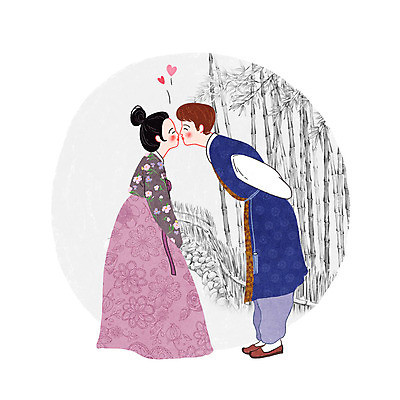 PSD 한국문화 전통 커플 여자 남자 일러스트 한옥 키스 성인 두명 한복 대나무 전통체험 국내일러스트 나무 동양문화 한국전통 고건축 관계 한국 사람 체험 전통의상 애정표현 파일형식