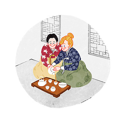 PSD 외국인 한국문화 전통 여자 일러스트 한옥 성인 두명 찻잔 다도 한복 찻주전자 전통체험 국내일러스트 동양문화 한국전통 고건축 주전자 잔 한국 사람 인종 예절 체험 전통의상 파일형식