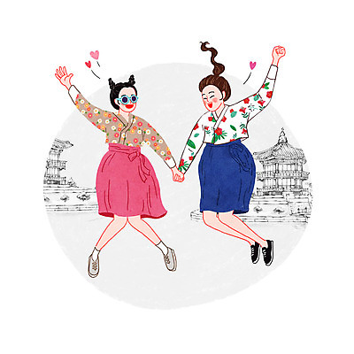 PSD 한국문화 전통 여자 일러스트 한옥 성인 두명 선글라스 손잡기 점프 한복 전통체험 생활한복 국내일러스트 동양문화 한국전통 안경 고건축 모션 한국 사람 체험 전통의상 파일형식