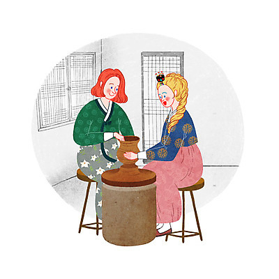 PSD 외국인 한국문화 전통 여자 일러스트 한옥 실내 성인 두명 한복 도자기공예 전통체험 도자기물레 국내일러스트 동양문화 한국전통 고건축 한국 사람 인종 내부 체험 전통의상 공예 물레 파일형식