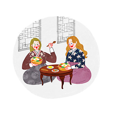 PSD 외국인 한국문화 전통 여자 일러스트 젓가락 반찬 한옥 실내 성인 두명 숟가락 한복 밥상 비빔밥 전통체험 국내일러스트 동양문화 한국전통 한식 음식 고건축 탁자 한국 수저 사람 인종 내부 체험 전통의상 파일형식