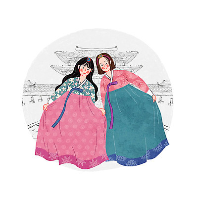 PSD 한국문화 전통 여자 포즈 일러스트 한옥 성인 두명 궁전 한복 전통체험 국내일러스트 동양문화 한국전통 고건축 한국 사람 체험 전통의상 파일형식