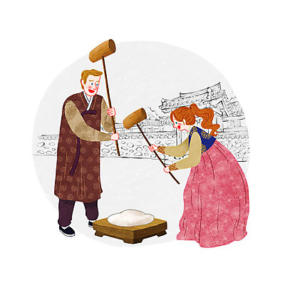 PSD 외국인 한국문화 전통 커플 여자 남자 일러스트 한옥 성인 두명 한복 전통체험 떡방아 방아찍기 국내일러스트 동양문화 한국전통 고건축 관계 한국 사람 인종 체험 전통의상 방아 파일형식