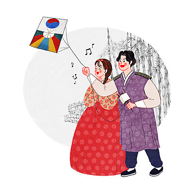 PSD 한국문화 전통 커플 여자 남자 음표 일러스트 성인 두명 한복 대나무 연날리기 전통체험 국내일러스트 나무 동양문화 한국전통 기호 음악 관계 한국 사람 전통놀이 체험 전통의상 파일형식
