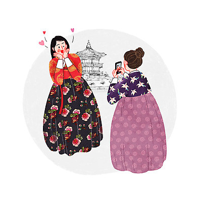 PSD 한국문화 전통 여자 일러스트 한옥 성인 두명 스마트폰 사진촬영 한복 전통체험 국내일러스트 동양문화 한국전통 고건축 한국 사람 핸드폰 스마트기기 촬영 체험 전통의상 파일형식