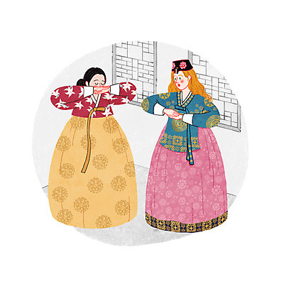 PSD 외국인 한국문화 전통 여자 일러스트 한옥 실내 성인 두명 절 한복 전통체험 국내일러스트 동양문화 한국전통 고건축 한국 사람 인종 내부 인사 체험 전통의상 파일형식