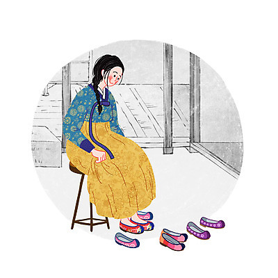 PSD 한국문화 전통 여자 의자 일러스트 한옥 한명 성인 한복 전통체험 꽃신 국내일러스트 1 동양문화 한국전통 가구 신발 고건축 전통소품 한국 사람 체험 전통의상 파일형식
