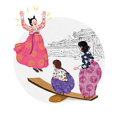 PSD 한국문화 전통 여자 일러스트 한옥 성인 세명 한복 전통체험 널뛰기 국내일러스트 동양문화 한국전통 고건축 한국 사람 전통놀이 체험 전통의상 파일형식