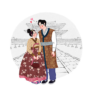 PSD 한국문화 전통 커플 여자 남자 일러스트 한옥 성인 두명 궁전 한복 전통체험 국내일러스트 동양문화 한국전통 고건축 관계 한국 사람 체험 전통의상 파일형식