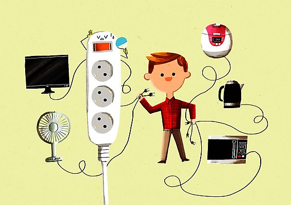 PSD 남자 일러스트 한명 성인 환경 텔레비전 가전제품 부채 선풍기 콘센트 전자레인지 전기에너지 에너지절약 밥솥 전기포트 국내일러스트 1 주방용품 사람 전자제품 에너지 레인지 절약 파일형식