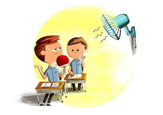 PSD 학생 남자 교복 일러스트 청소년 두명 책 환경 부채 선풍기 책상 에너지절약 땀 국내일러스트 옷 가구 사람 가전제품 에너지 절약 파일형식