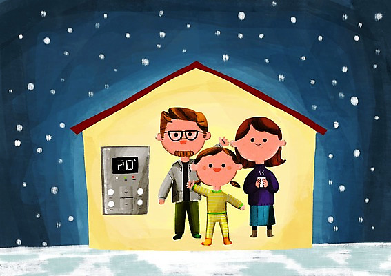 PSD 여자 남자 어린이 겨울 일러스트 가족 주택 성인 세명 환경 눈 온도계 체온계 에너지절약 적정온도 국내일러스트 자연요소 계절 관계 날씨 사람 건물 에너지 절약 온도 파일형식