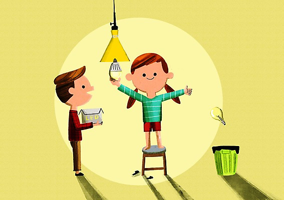 PSD 여자 남자 의자 일러스트 전구 조명 성인 두명 환경 쓰레기통 에너지절약 전구모양 LED 국내일러스트 모양 가구 사람 에너지 절약 파일형식