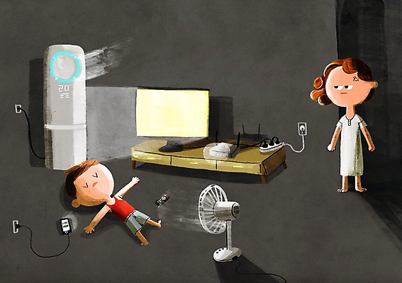 PSD 여자 남자 어린이 일러스트 성인 두명 환경 텔레비전 잠 선풍기 콘센트 리모컨 에어컨 에너지절약 낭비 멀티플러그 전기절약 국내일러스트 컨셉 사람 전자제품 가전제품 에너지 절약 파일형식