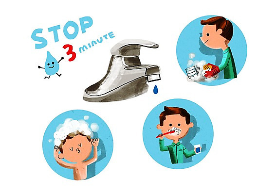 PSD 남자 일러스트 성인 세명 환경 양치 물방울 설거지 물컵 수도꼭지 에너지절약 물절약 샴푸 국내일러스트 가사 사람 컵 위생용품 청결 에너지 절약 파일형식