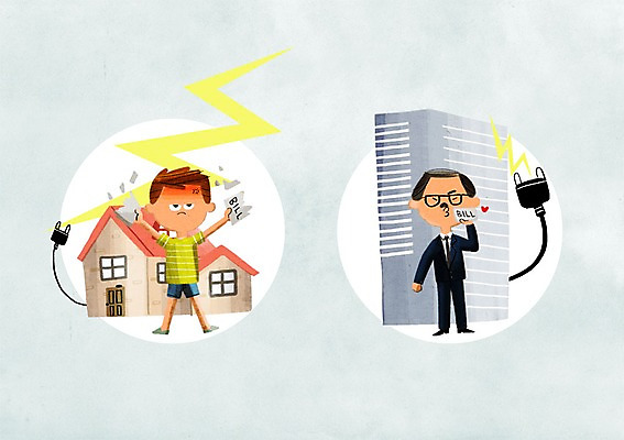 PSD 남자 일러스트 주택 빌딩 성인 두명 환경 비교 콘센트 번개 에너지절약 계산서 세금 요금 전기절약 국내일러스트 컨셉 날씨 사람 건물 에너지 절약 파일형식