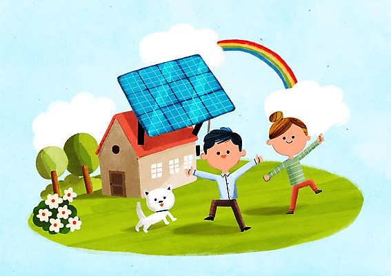 PSD 구름 여자 남자 꽃 무지개 일러스트 주택 성인 두명 환경 강아지 에너지절약 태양에너지 집열판 국내일러스트 자연요소 식물 사람 건물 반려동물 에너지 절약 그린에너지 개 파일형식