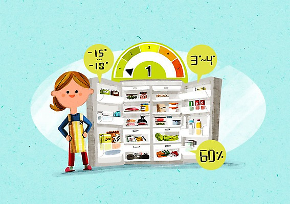 PSD 여자 일러스트 한명 성인 환경 주부 에너지절약 냉장고 에너지효율 국내일러스트 1 사람 가전제품 에너지 절약 파일형식