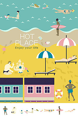 여자 남자 수영복 어린이 일러스트 조개 여러명 성인 해변 공간 파라솔 서핑보드 선베드 모래성 튜브 인어 국내일러스트 AI파일 옷 모래 바다 다수 의자 어패류 사람 보드_스포츠 파일형식 벡터