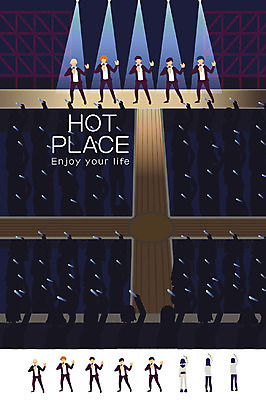 여자 남자 일러스트 조명 여러명 성인 콘서트 공연 공간 무대 군중 콘서트홀 마이크 객석 국내일러스트 AI파일 음향기기 다수 사람 이벤트 공연장 파일형식 벡터