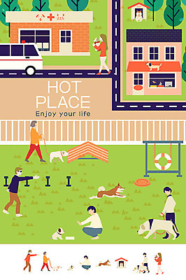 나무 여자 남자 길 일러스트 여러명 성인 반려동물 공간 강아지 구급차 연습 개집 동물병원 애완동물가게 애견훈련소 국내일러스트 AI파일 식물 동물 다수 자동차 병원 사람 상점 개 애견용품 파일형식 벡터 애견훈련