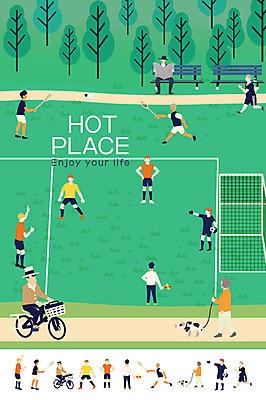 나무 공원 여자 남자 길 어린이 벤치 일러스트 축구공 여러명 성인 자전거 축구 공간 배드민턴라켓 셔틀콕 골대 배드민턴 국내일러스트 AI파일 식물 공공시설 스포츠용품 다수 의자 공 축구용품 사람 구기 바이크 라켓 파일형식 벡터