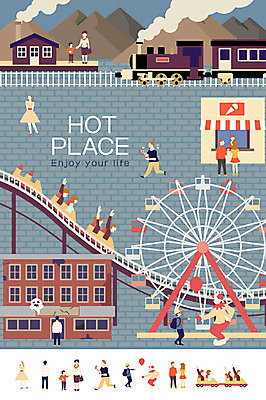 여자 남자 일러스트 산 여러명 성인 공간 놀이공원 기차 연기 대관람차 풍선 롤러코스터 삐에로가면 아이스크림가게 유령의집 국내일러스트 AI파일 육상교통 다수 대중교통 가면 사람 테마파크 놀이기구 아이스크림장사 파일형식 벡터