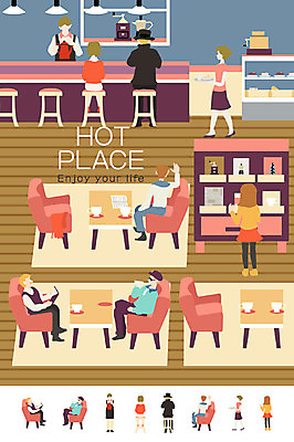 여자 남자 의자 일러스트 탁자 주전자 실내 여러명 성인 책 공간 카페 커피잔 바리스타 그라인더 국내일러스트 AI파일 직업 커피 가구 다수 주방용품 잔 사람 내부 상점 커피용품 파일형식 벡터