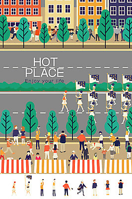 여자 남자 도로 어린이 일러스트 여러명 성인 건물 공간 깃발 도시 강아지 퍼레이드 국내일러스트 AI파일 건축물 길 다수 교통시설 사람 이벤트 반려동물 개 파일형식 벡터