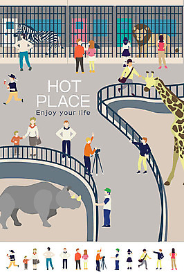 여자 남자 어린이 일러스트 동물원 여러명 성인 카메라 공간 사자 기린 얼룩말 코뿔소 삼각대 철망 국내일러스트 AI파일 다수 포유류 사람 전자제품 말_동물 파일형식 벡터